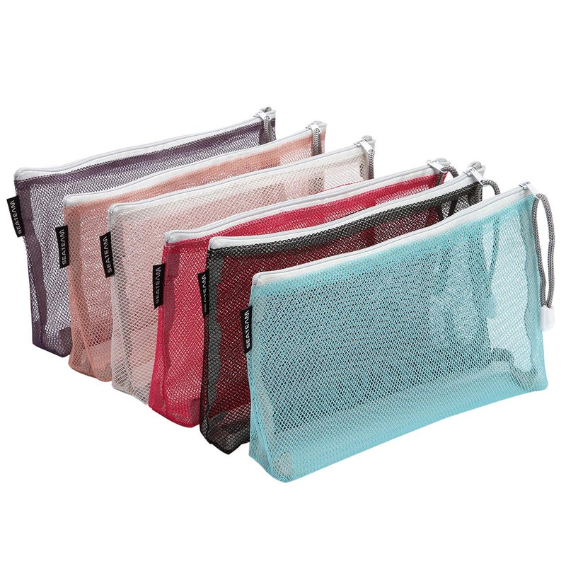 Sea Team 6pcs Multicolored Portable Travel Toiletry Pouch Nylon Mesh Cosmetic Makeup Organizer Bag with Zipper  Colorful - Image 1